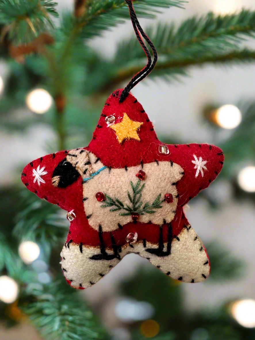 Primitive Christmas Handcrafted Felt 2” Red Star with Lamb Ornament - The Primitive Pineapple Collection