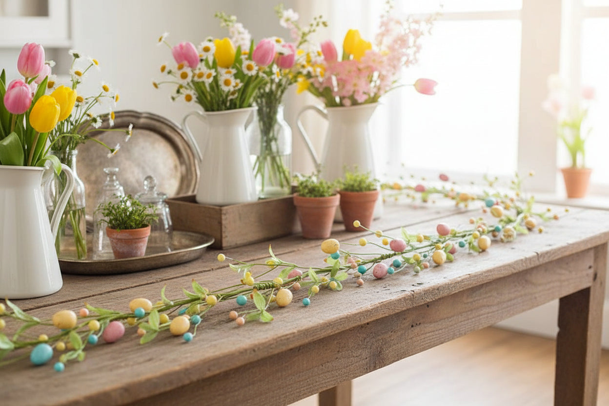 Primitive Farmhouse 4ft Pastel Egg Garland with Willow Leaves - The Primitive Pineapple Collection