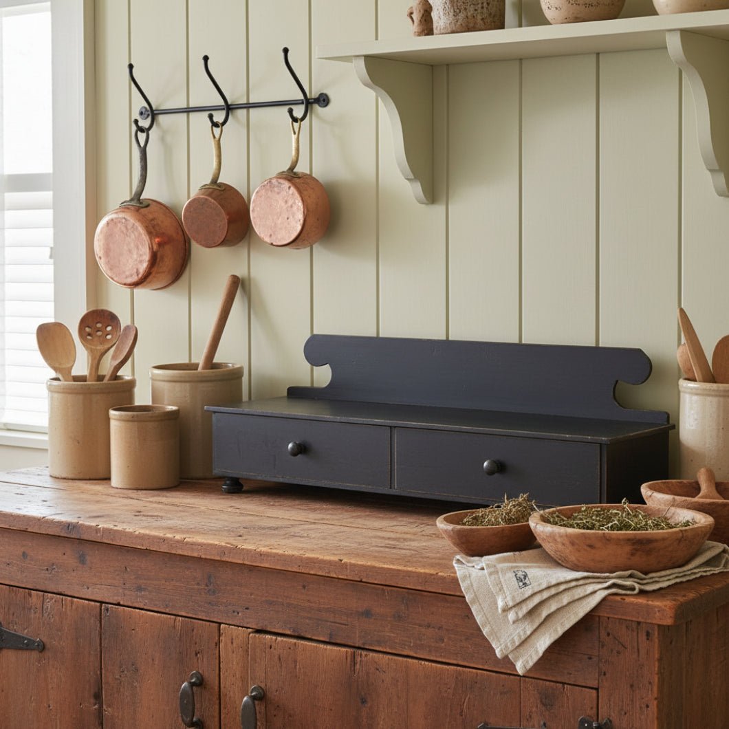 Primitive Aged Black Counter Shelf Vintage Look Farmhouse Rustic Drawers Footed - The Primitive Pineapple Collection