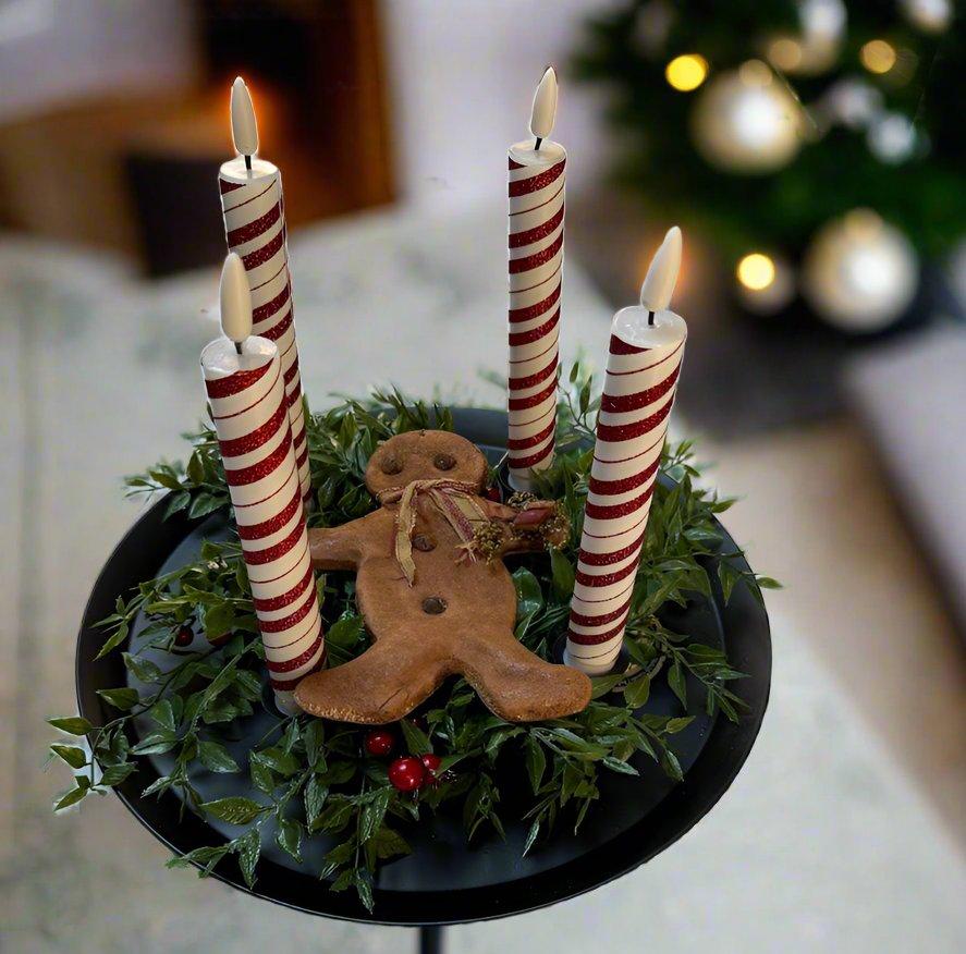 Primitive Christmas Rustic Black Metal 4 Taper Candle Holder Tray with Wreath Set - The Primitive Pineapple Collection