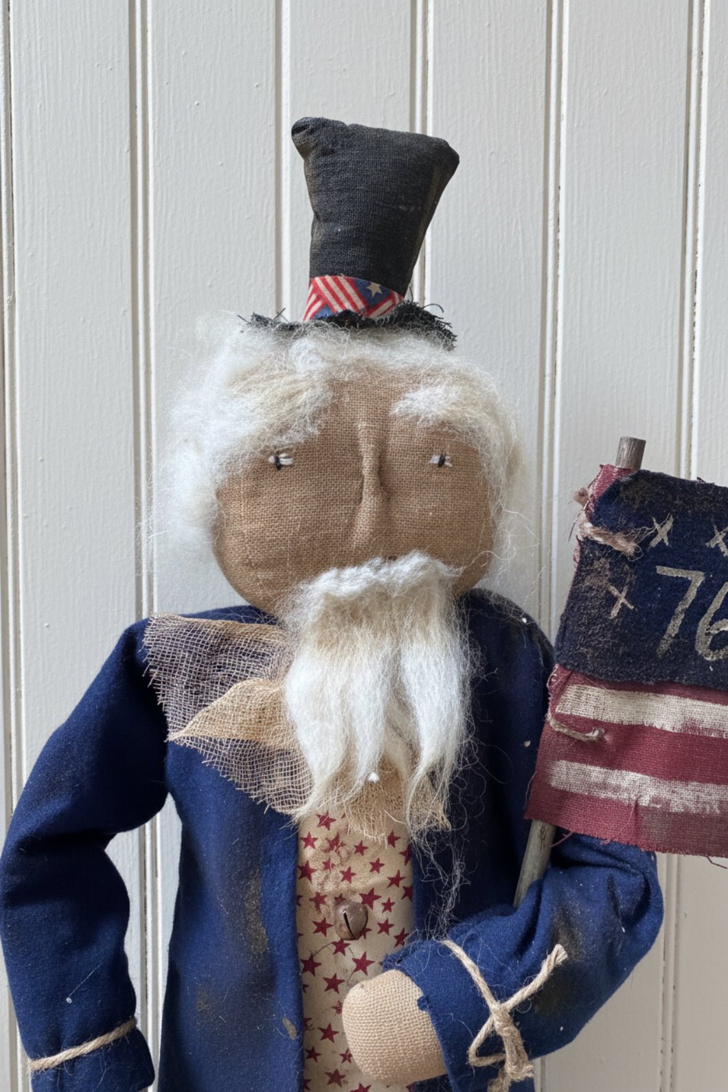 Primitive Handcrafted 23" Americana Uncle Sam w/Star and Flag on Stand - The Primitive Pineapple Collection