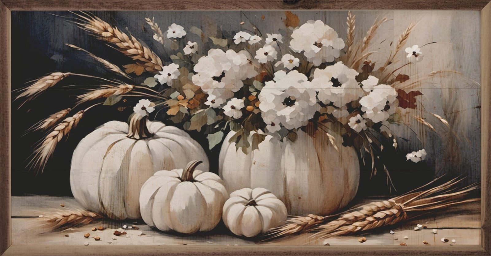 Fall Handcrafted Farmhouse Walnut Framed Four White Pumpkin Bouquet Art - The Primitive Pineapple Collection