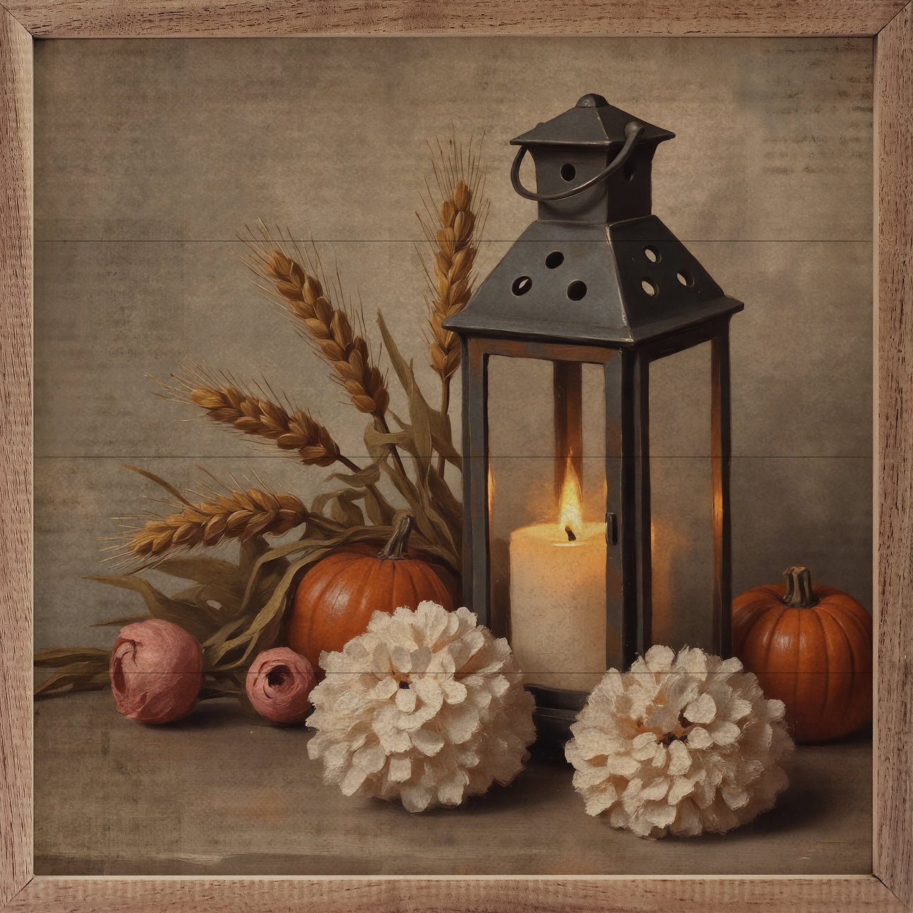 Handcrafted Farmhouse Walnut Framed Autumn Lantern w/ Hydrangea Art - The Primitive Pineapple Collection