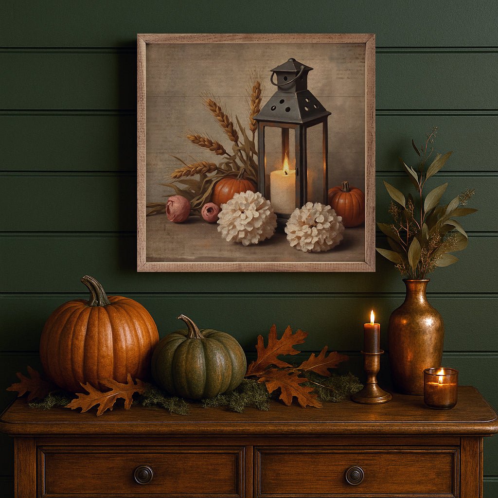 Handcrafted Farmhouse Walnut Framed Autumn Lantern w/ Hydrangea Art - The Primitive Pineapple Collection