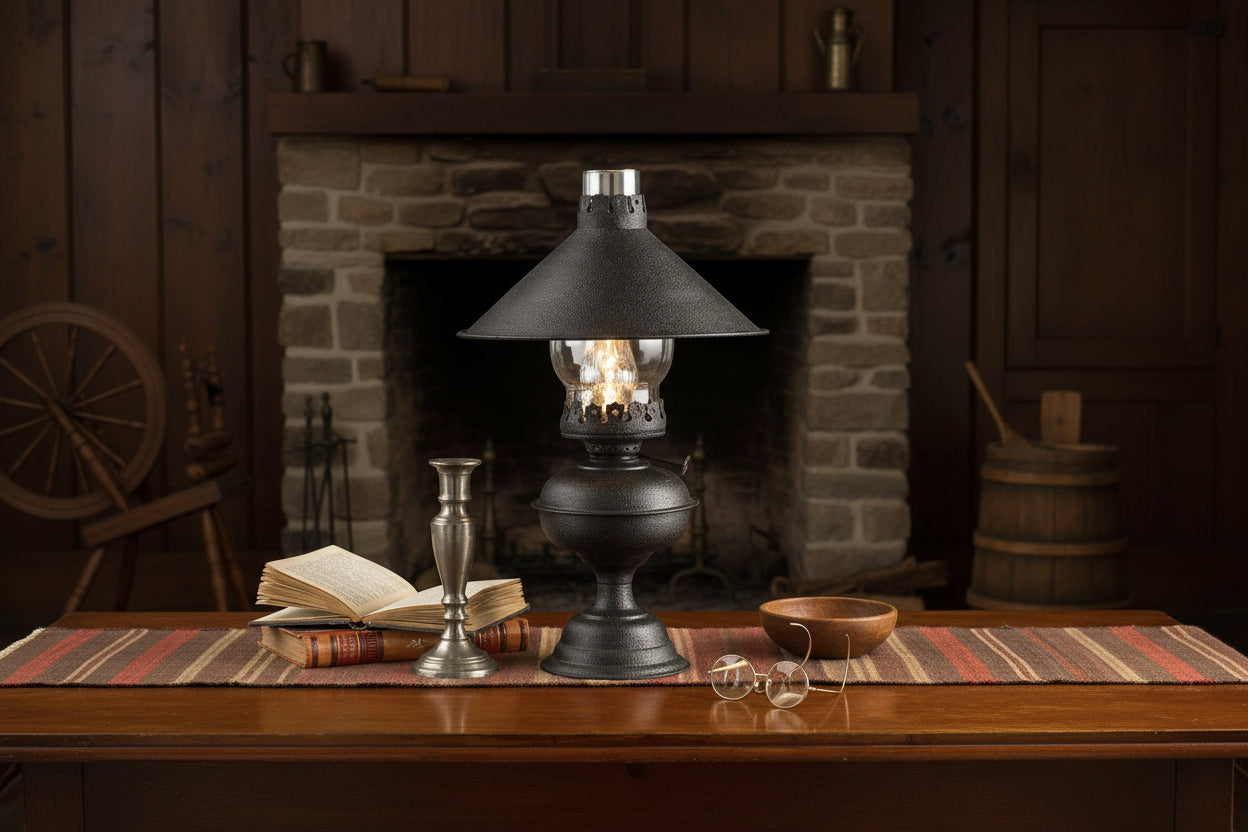 Primitive Colonial Reproduction Hartford Lamp w/ Shade 16" - The Primitive Pineapple Collection
