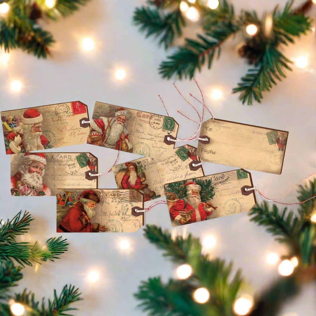 Primitive Christmas Vintage Santa Tag ornaments 6 pc wood - The Primitive Pineapple Collection