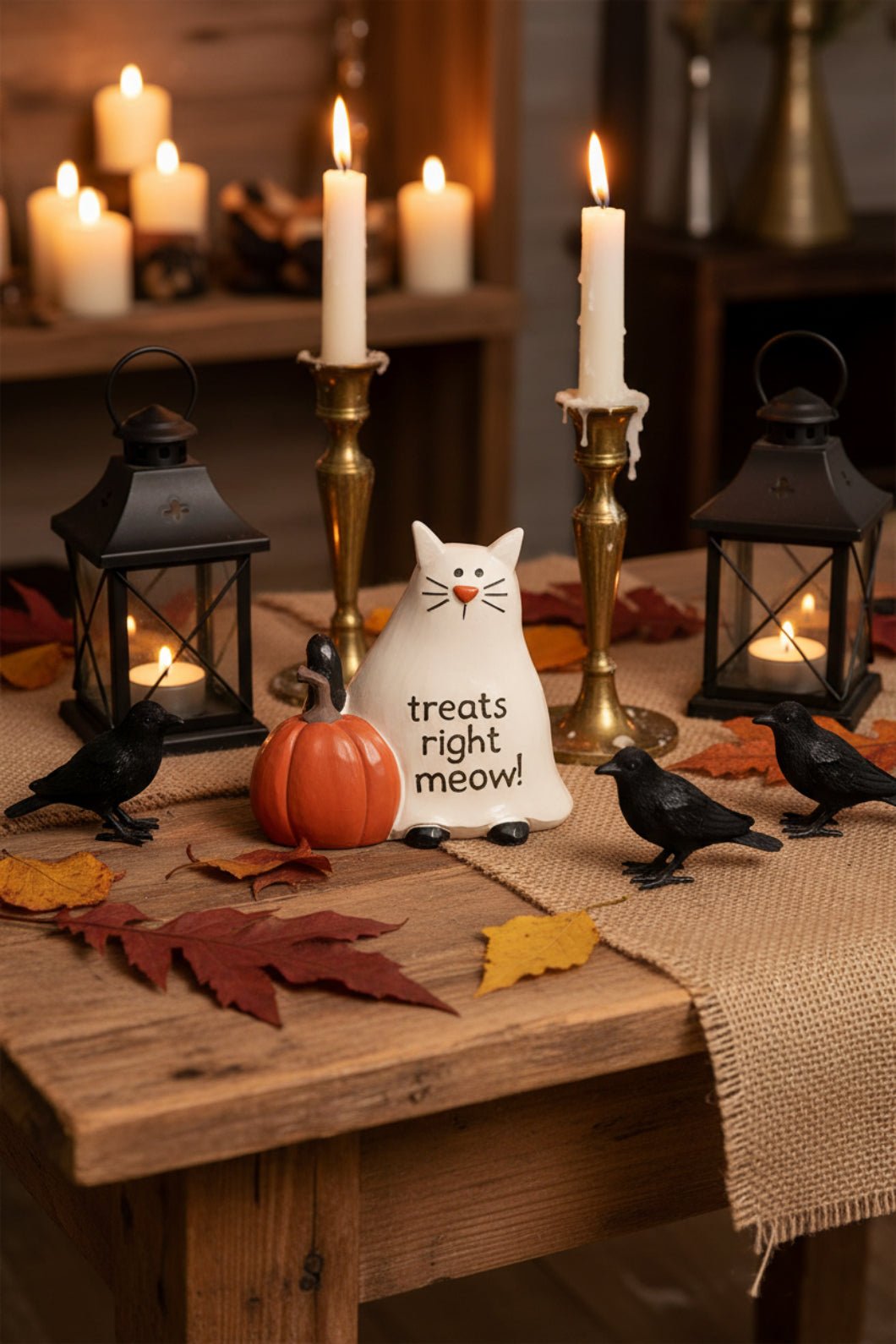 Blossom Bucket Cat in Ghost Costume Figurine – Halloween Resin Décor - The Primitive Pineapple Collection