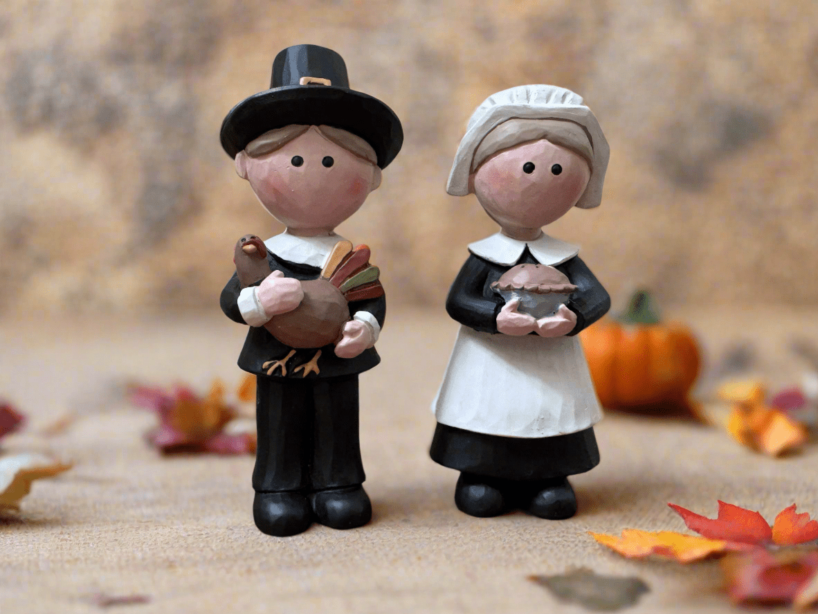 Blossom Bucket Thanksgiving 2 pc Pilgrim Couple Figurine Shelf Sitter - The Primitive Pineapple Collection
