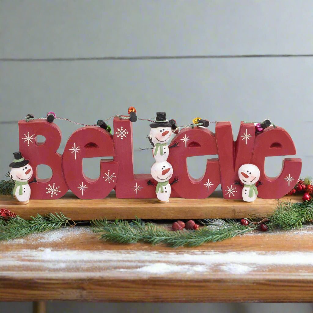 Blossom Bucket Christmas Believe With Snowmen & Christmas Lights Shelf Sitter - The Primitive Pineapple Collection
