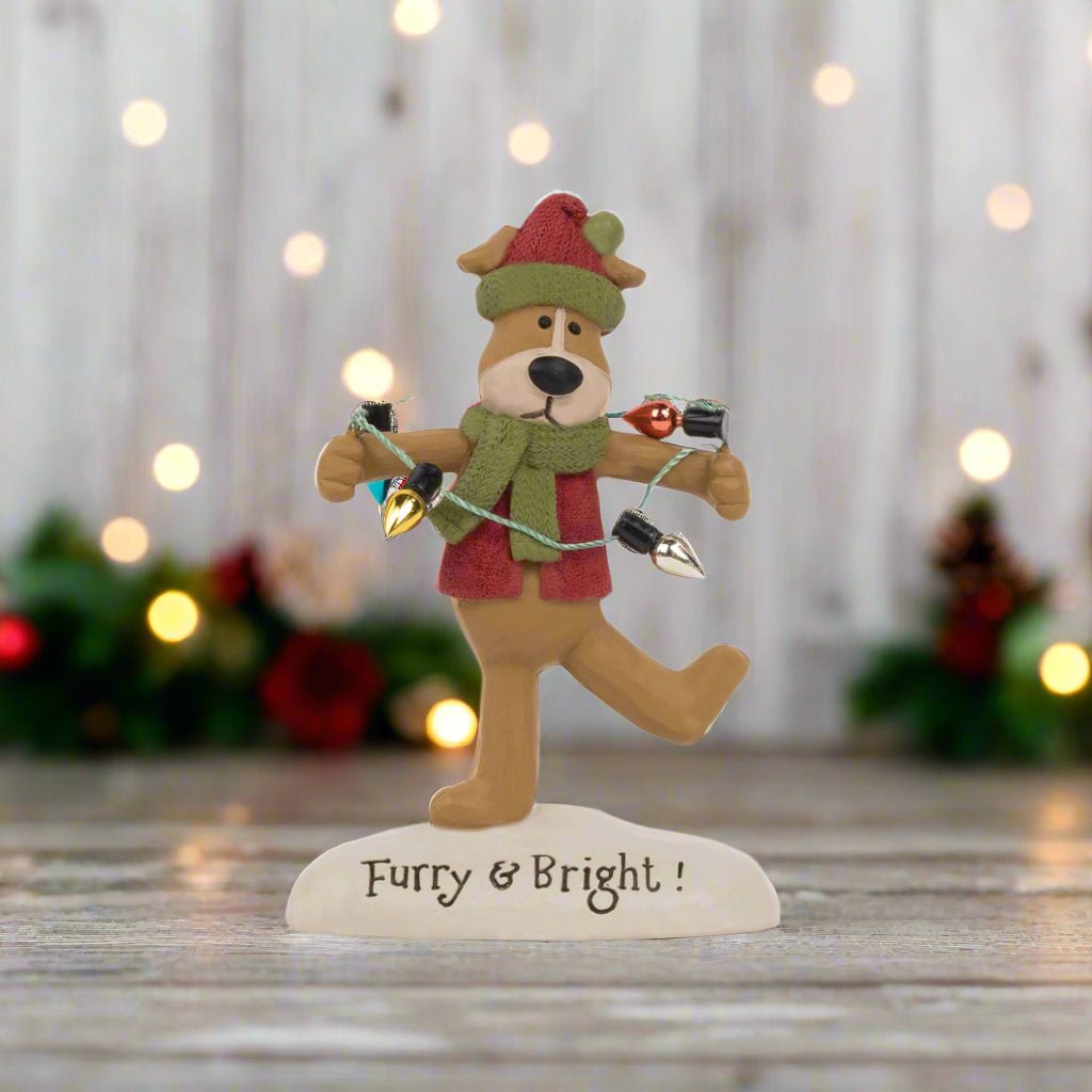 Blossom Bucket Furry & Bright Dog W/ Christmas Lights Shelf Sitter - The Primitive Pineapple Collection