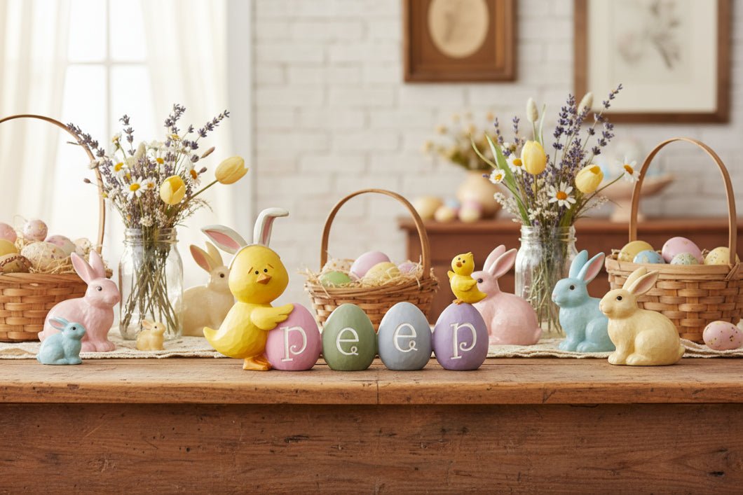 Farmhouse Blossom Bucket Spring Easter Chick W/ Peeps Easter Eggs - The Primitive Pineapple Collection