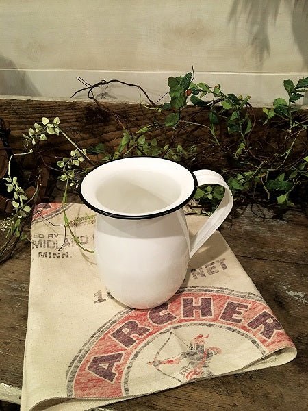 Primitive Farmhouse Vintage Inspired White Enamel Pitcher 6.5" - The Primitive Pineapple Collection