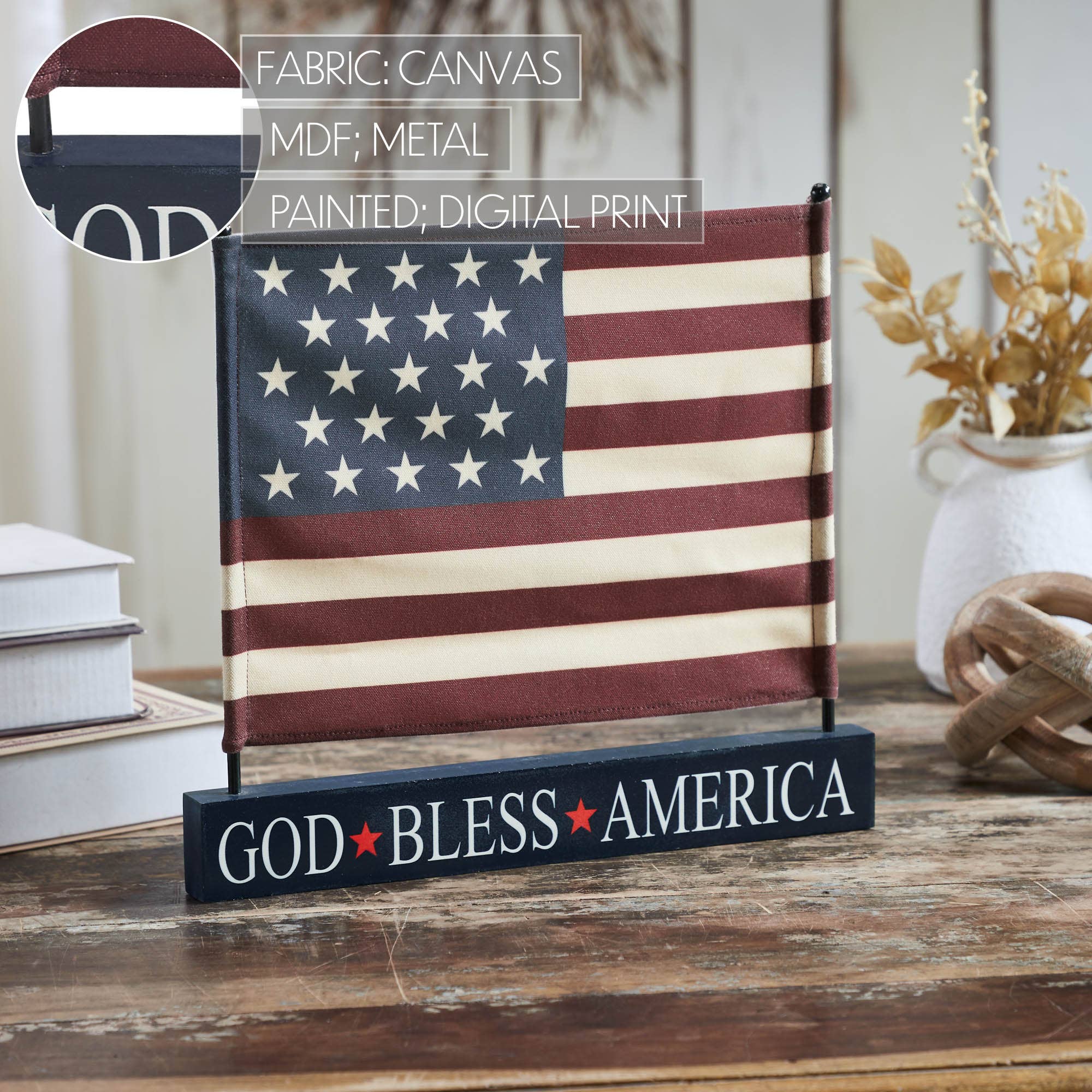 Primitive Americana Canvas American Flag on Blue Base Decor 12"x14"x1" - The Primitive Pineapple Collection