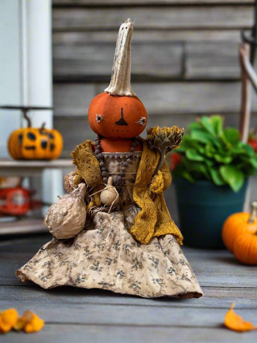 Primitive Handcrafted Pumpkin Doll Dianne w/ Gourd and Sunflower 12" - The Primitive Pineapple Collection