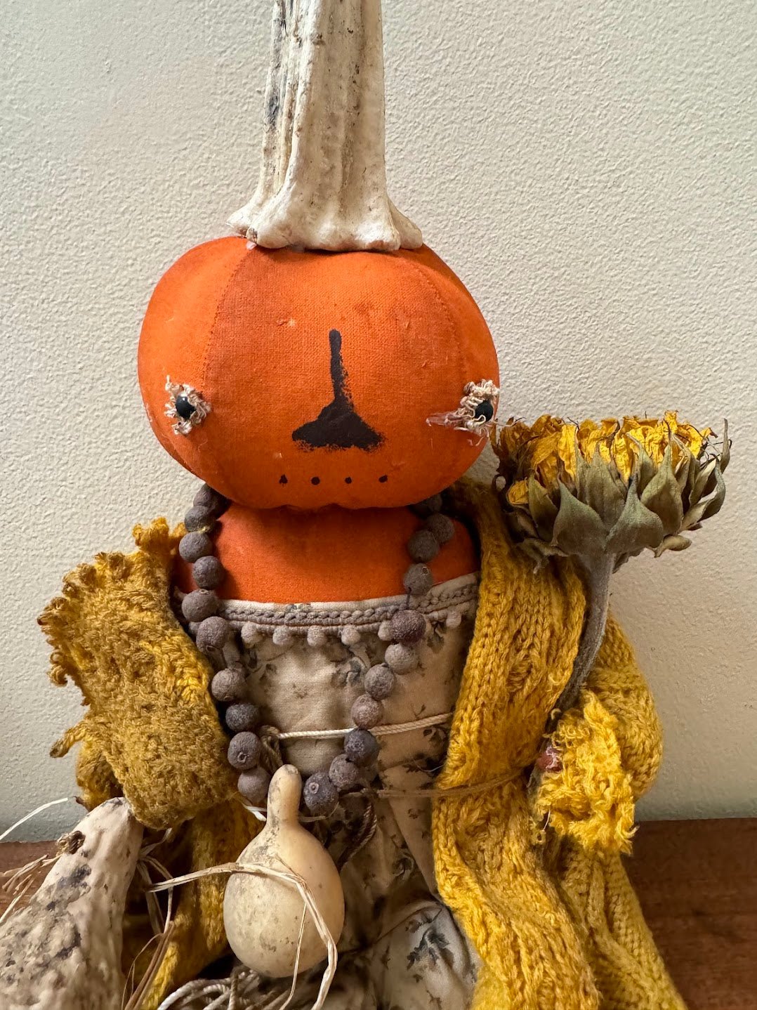 Primitive Handcrafted Pumpkin Doll Dianne w/ Gourd and Sunflower 12" - The Primitive Pineapple Collection