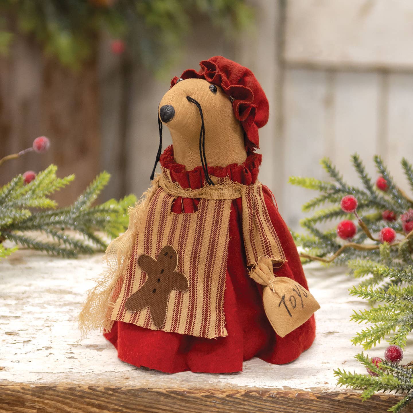 Primitive Fabric Christmas Mrs. Claus Mouse W/Gingerbread Apron 7" - The Primitive Pineapple Collection