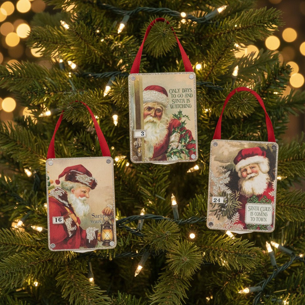 Primitive Retro/ Vintage Look Santa Small Advent Countdown 3pc Ornament Set