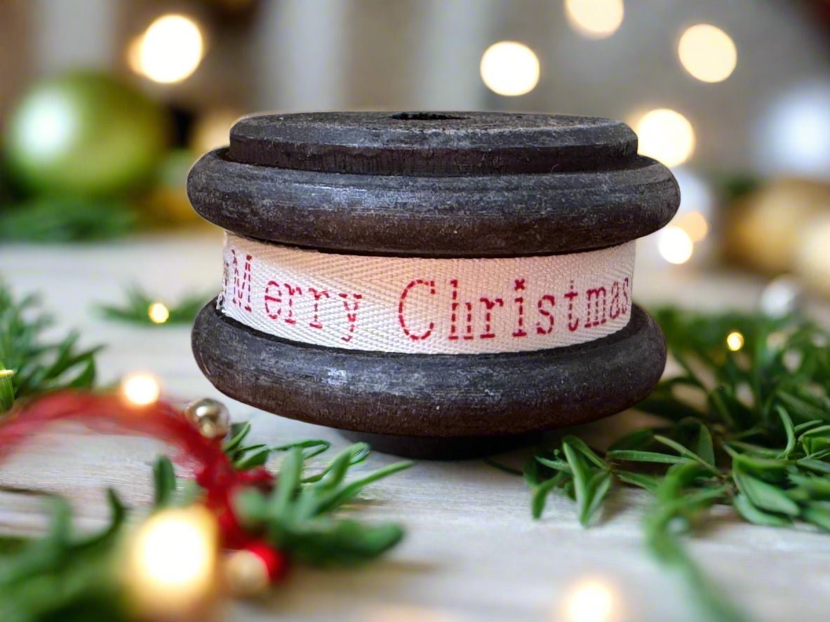 Primitive Christmas Wood Spool w/ Christmas Ribbon - The Primitive Pineapple Collection