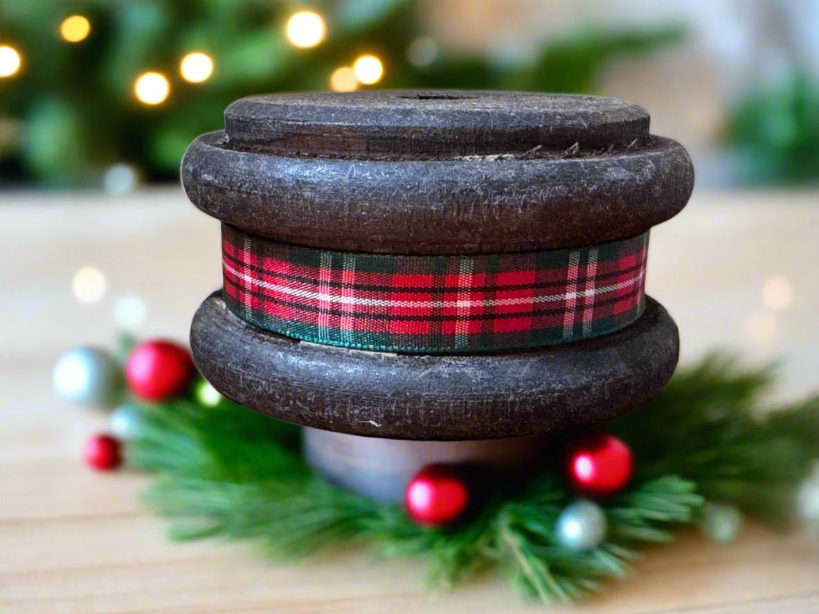 Primitive Christmas Wood Spool w/ Christmas Ribbon - The Primitive Pineapple Collection