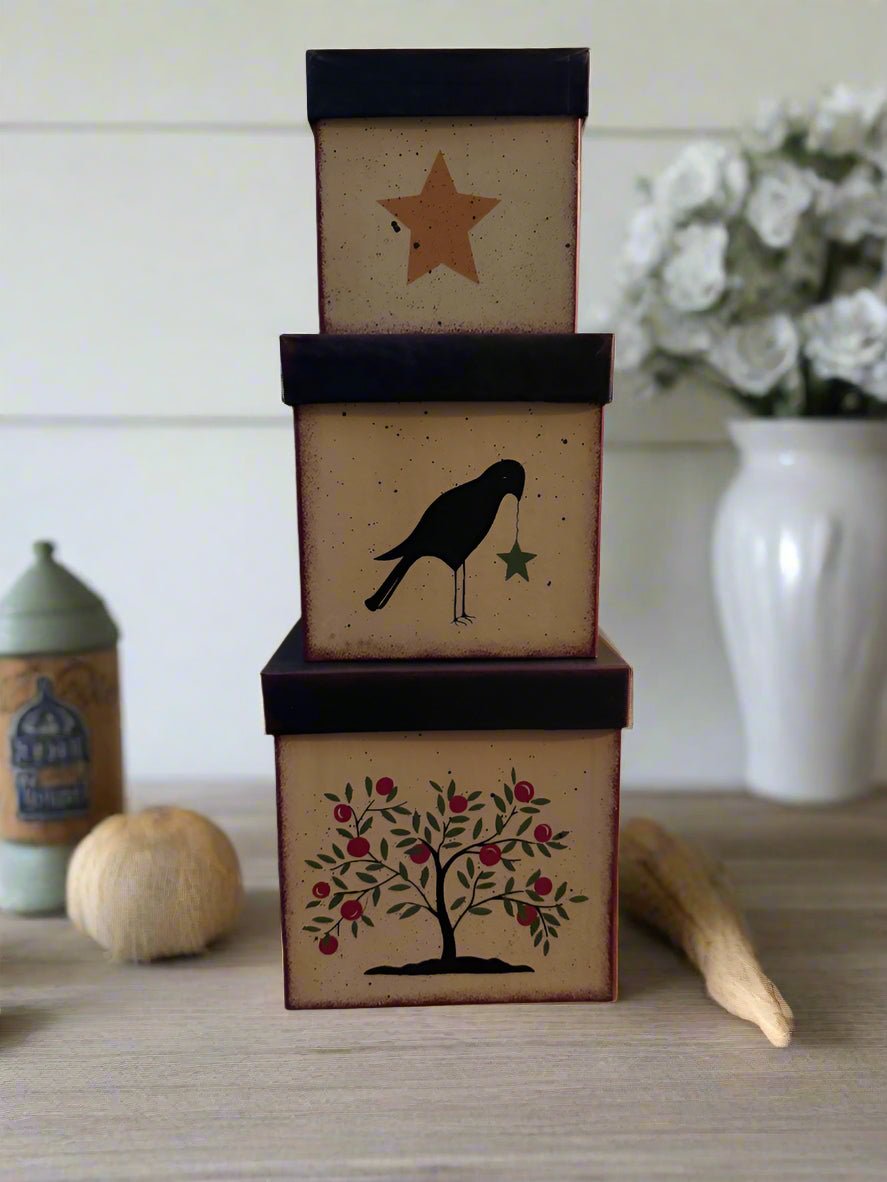 Primitive Farmhouse Folk Art 3 pc Cherry Tree ,Crow and Star Nesting Boxes - The Primitive Pineapple Collection