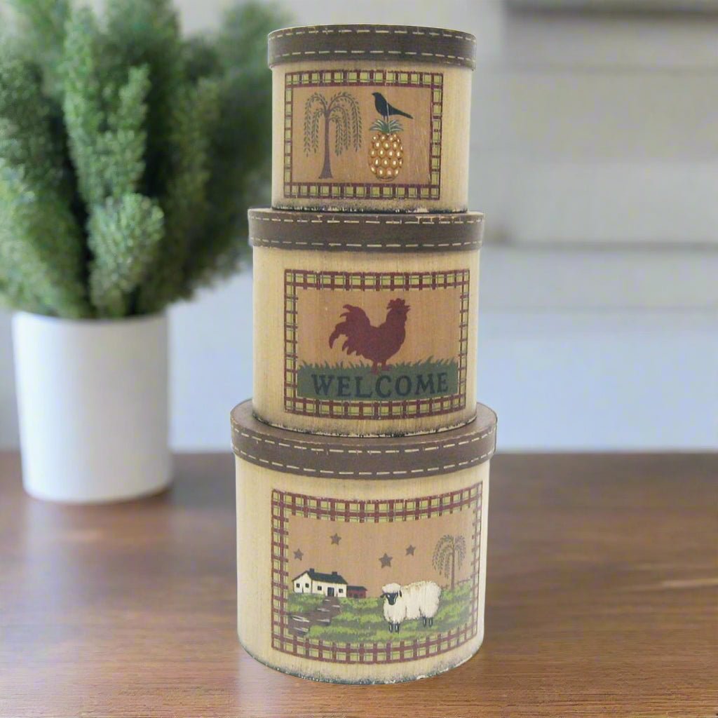 Primitive Farmhouse Crow with Pineapple 3 pc Nesting Boxes - The Primitive Pineapple Collection