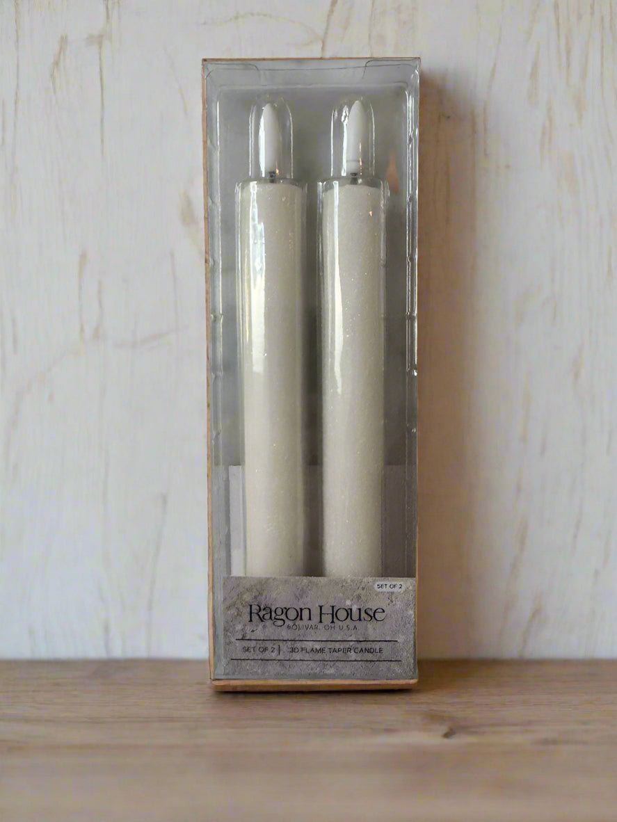 Primitive Country 7" 3D Flame 2 pc Cream Shimmer Flicker Taper Candle 6hr timer - The Primitive Pineapple Collection