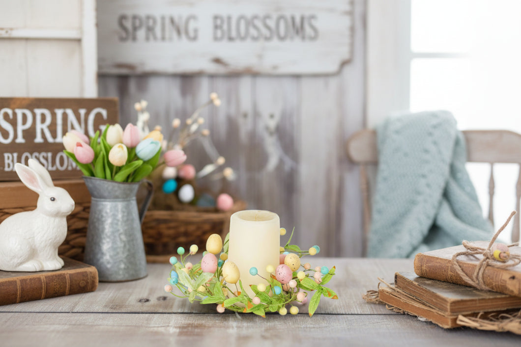 Farmhouse Spring Easter 3.5in Pastel Eggs with Willow Leaves Candle Ring - The Primitive Pineapple Collection