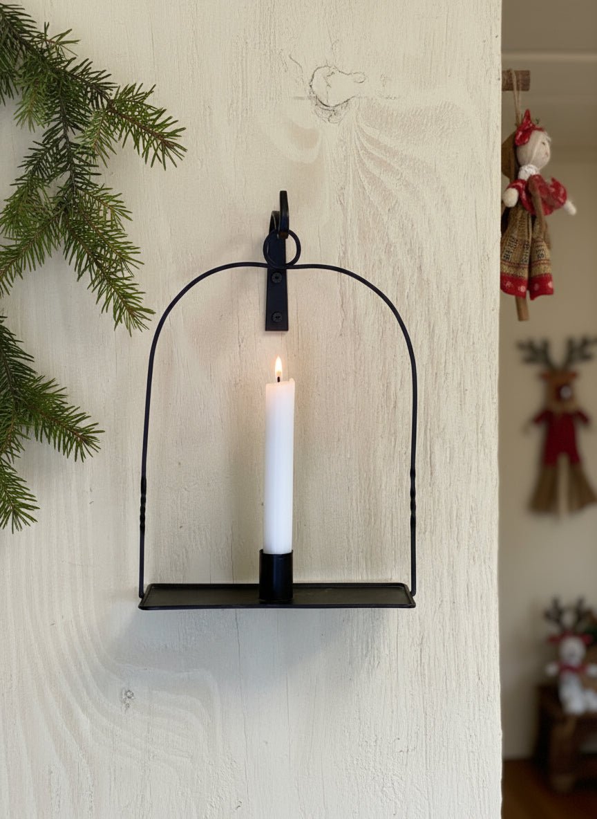 Primitive Early American Colonial Black Metal Hanging Taper Candle Holder 10.5" - The Primitive Pineapple Collection