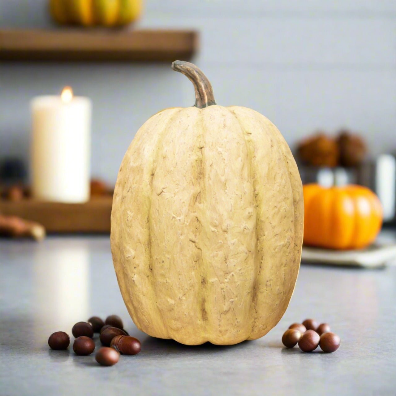 Ragon House Life-Size Primitive White Pumpkin – 14" Tall Mache Fall Decor - The Primitive Pineapple Collection