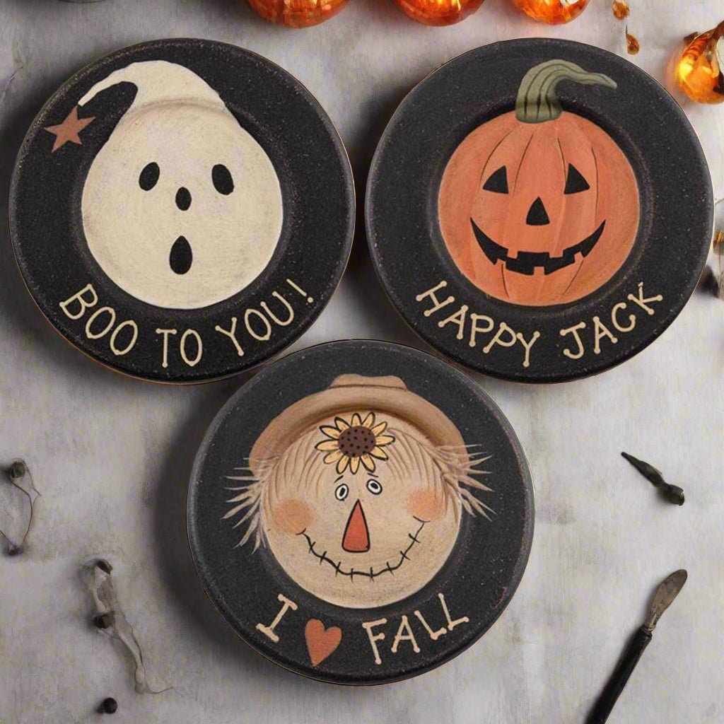 Primitive Fall Folk Art Halloween Wood Plate 3 Assorted - The Primitive Pineapple Collection