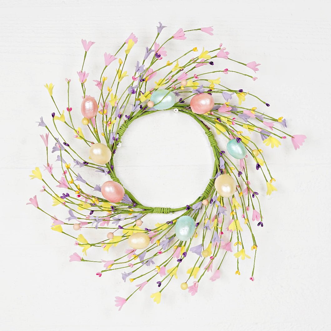 Farmhouse Spring Easter 16" Candy Shop Wreath w/ Easter Eggs and Forsythia - The Primitive Pineapple Collection