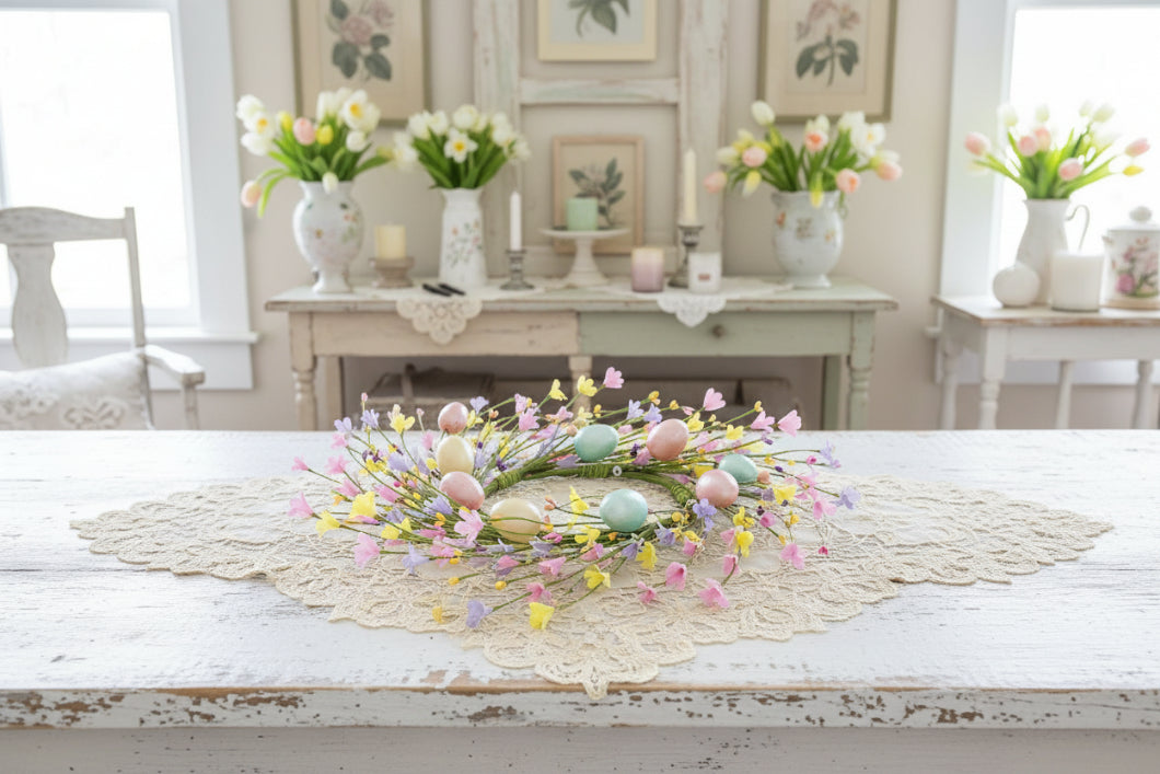 Farmhouse Spring Easter 16" Candy Shop Wreath w/ Easter Eggs and Forsythia - The Primitive Pineapple Collection