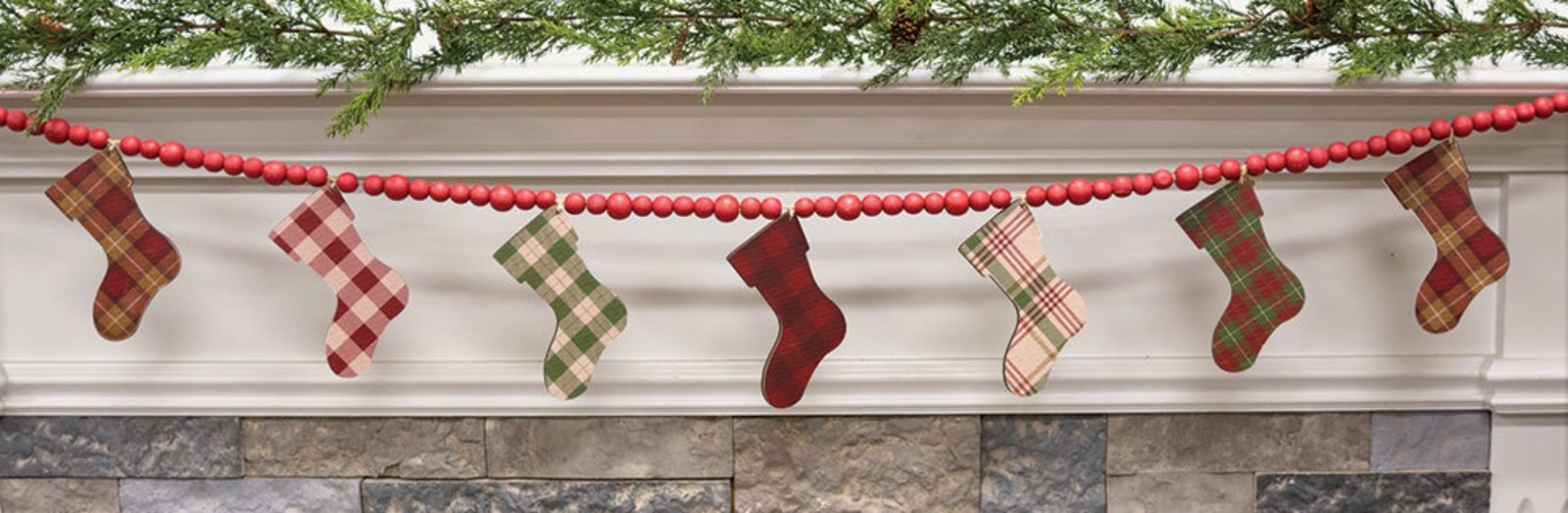 Primitive Christmas Wooden Plaid Stockings & Beads Garland - The Primitive Pineapple Collection