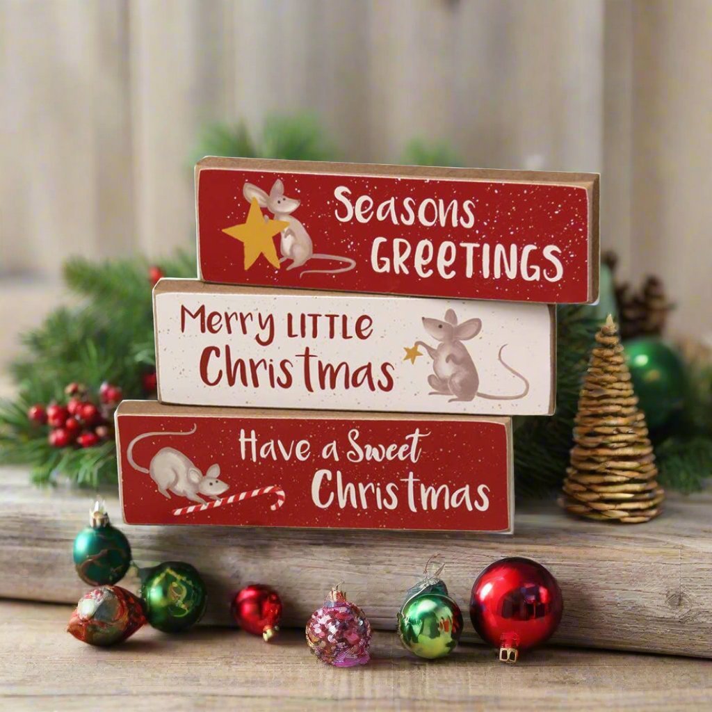 Primitive Christmas 3 pc Merry Little Christmas Mouse Skinny Block Shelf Sitter - The Primitive Pineapple Collection