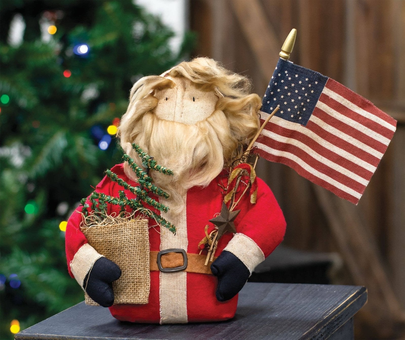 Christmas Farmhouse Patriotic Santa Doll with Flag - The Primitive Pineapple Collection