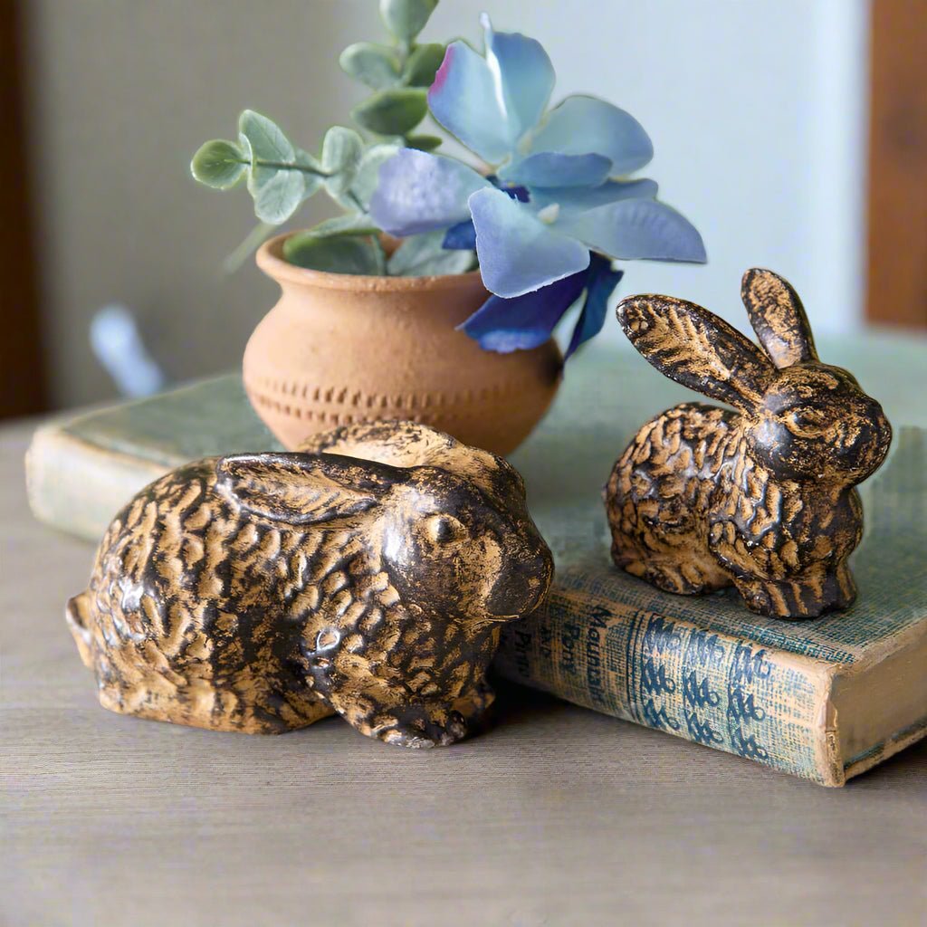 Primitive Farmhouse 2 pc Rustic Bunny Figurines - The Primitive Pineapple Collection