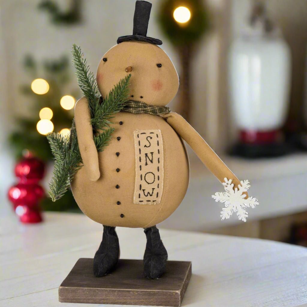 Primitive Christmas Folk art 13" Snowman Doll w/ Snowflake and Greens - The Primitive Pineapple Collection
