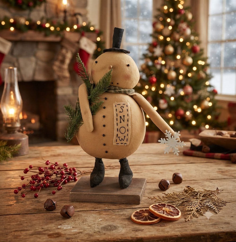 Primitive Christmas Folk art 13" Snowman Doll w/ Snowflake and Greens - The Primitive Pineapple Collection