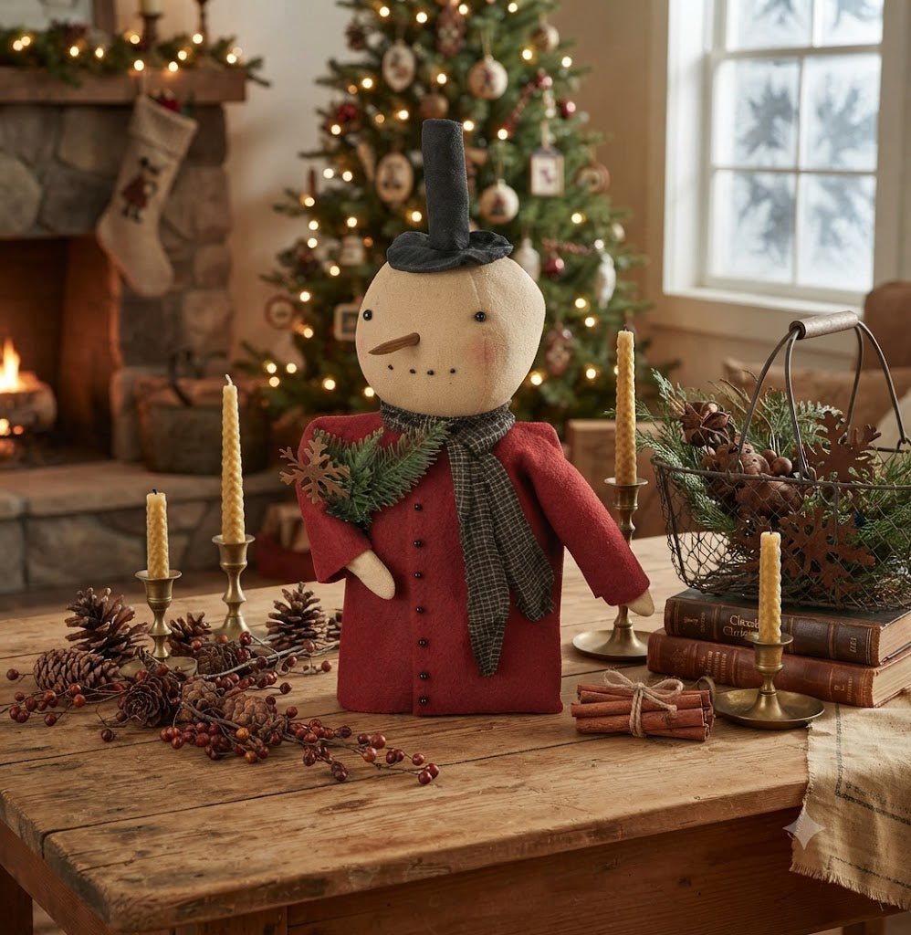 Primitive Christmas Folk art Snowman Doll Red Coat Rusty Tin Snowflake Greens - The Primitive Pineapple Collection