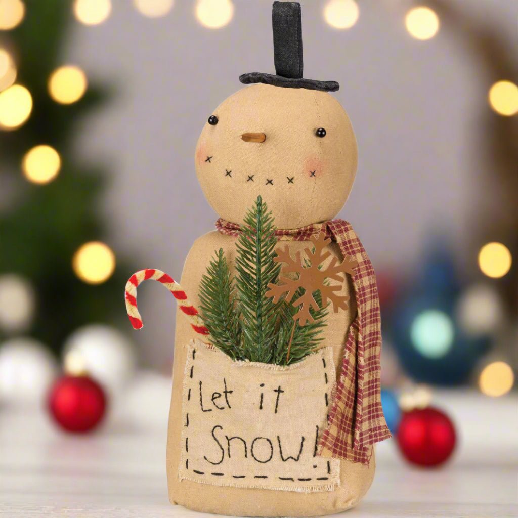Primitive Christmas 12” Let It Snow Pocket Snowman Doll - The Primitive Pineapple Collection