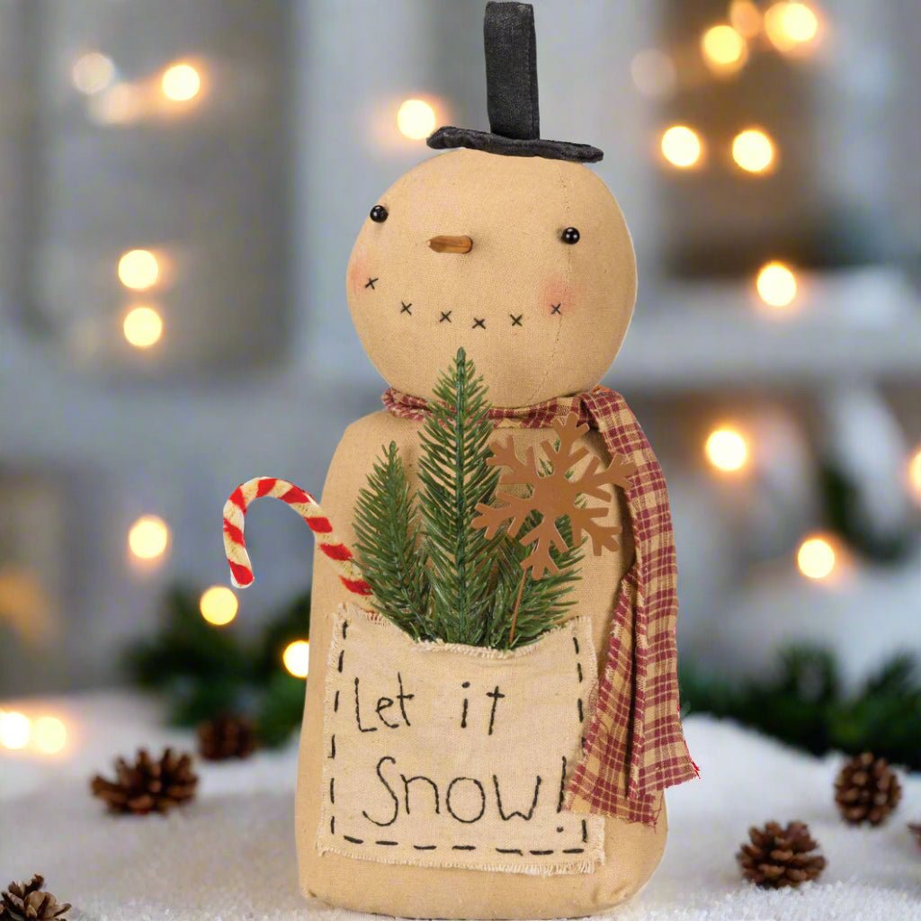 Primitive Christmas 12” Let It Snow Pocket Snowman Doll - The Primitive Pineapple Collection
