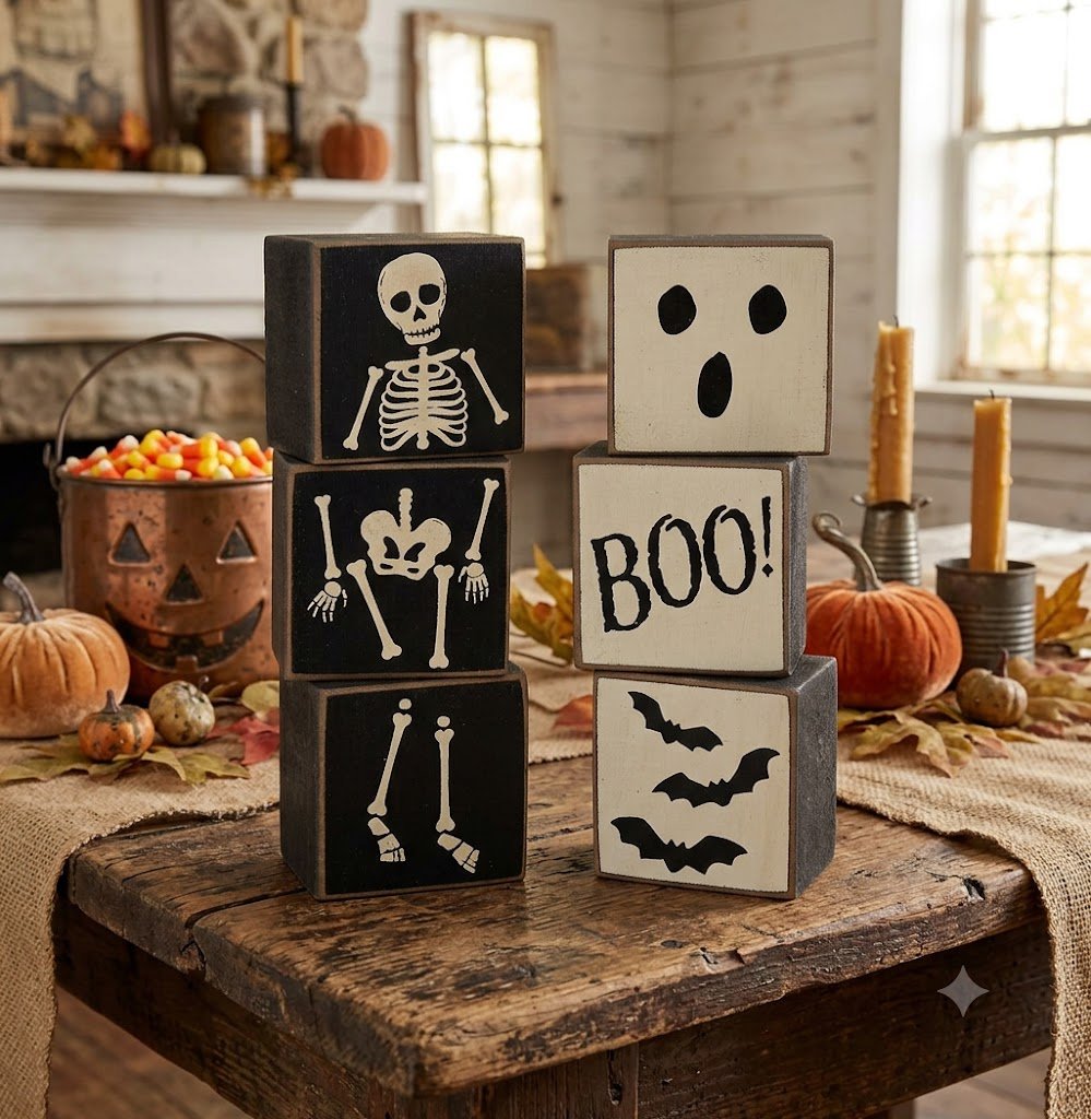 Primitive Rustic Halloween Boo & Skeleton Reversible Mini Blocks Shelf Sitter - The Primitive Pineapple Collection