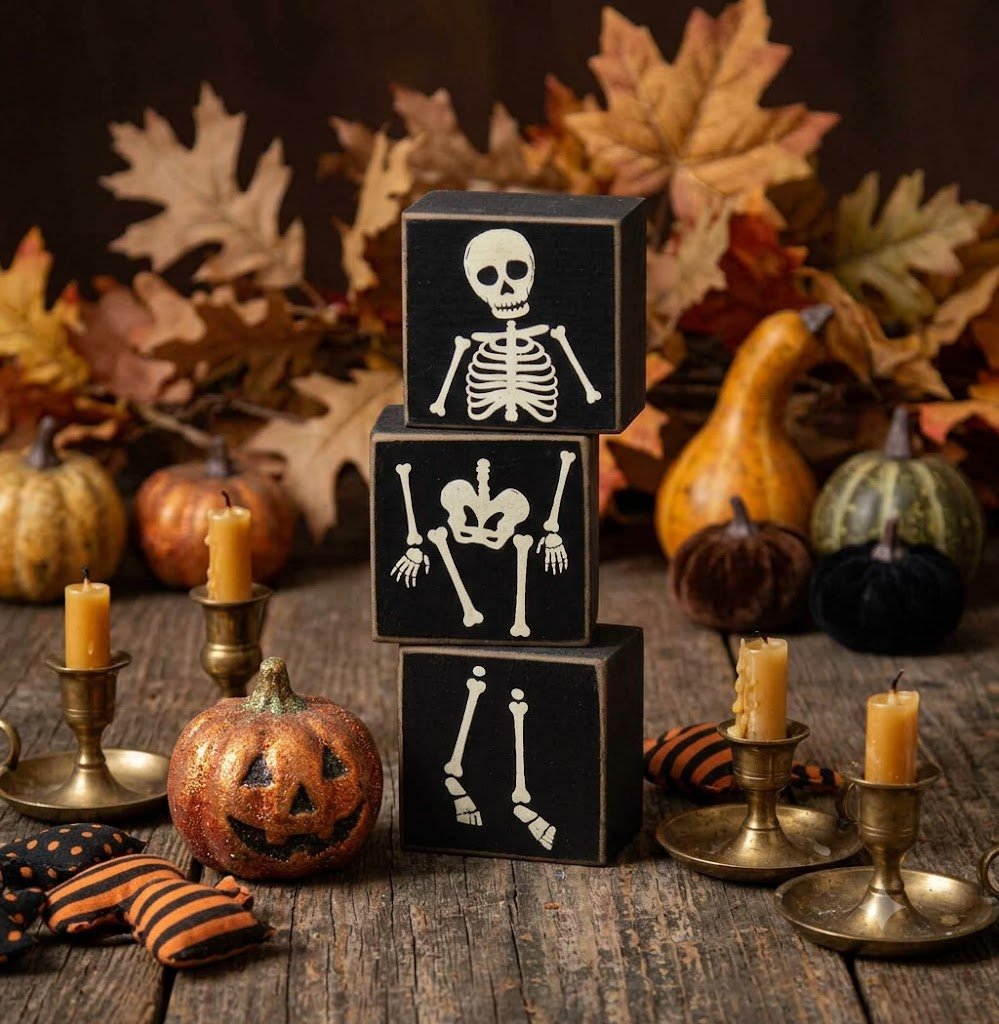 Primitive Rustic Halloween Boo & Skeleton Reversible Mini Blocks Shelf Sitter - The Primitive Pineapple Collection