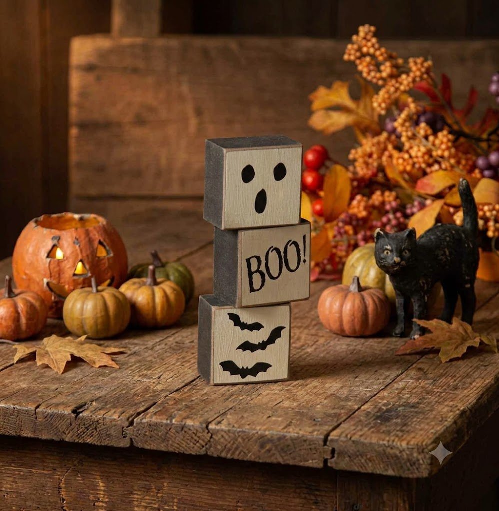 Primitive Rustic Halloween Boo & Skeleton Reversible Mini Blocks Shelf Sitter - The Primitive Pineapple Collection