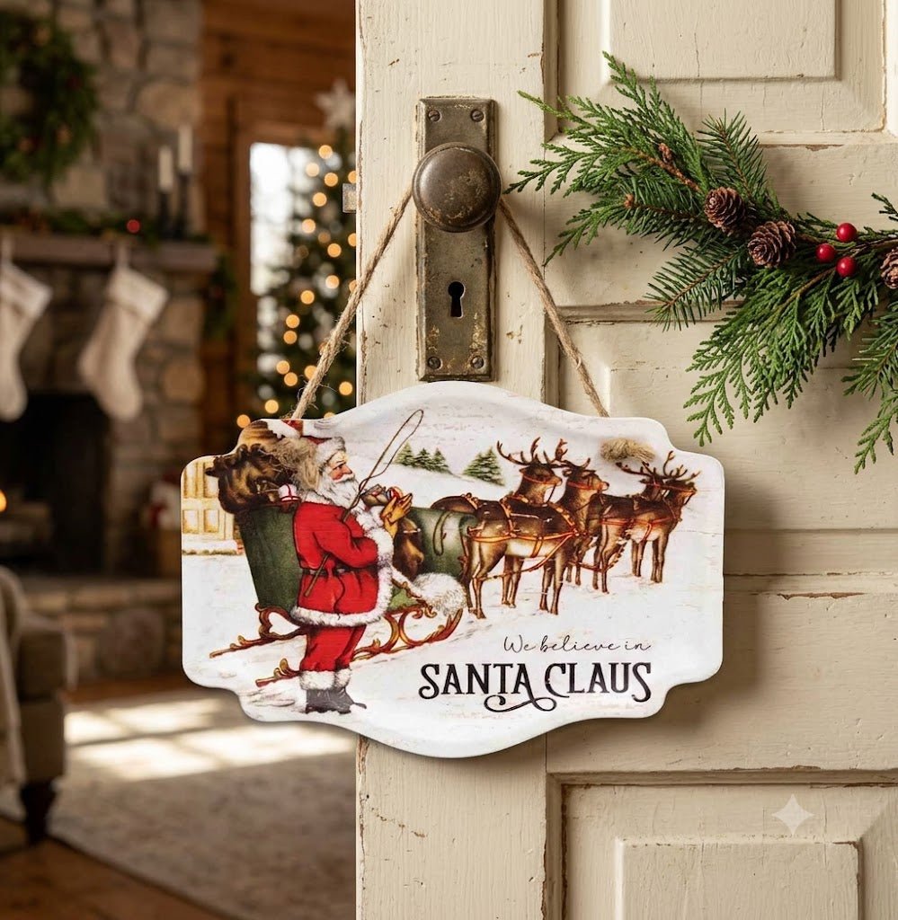 Primitive Christmas 6" We Believe in Santa Claus Vintage Embossed Metal Hanger - The Primitive Pineapple Collection