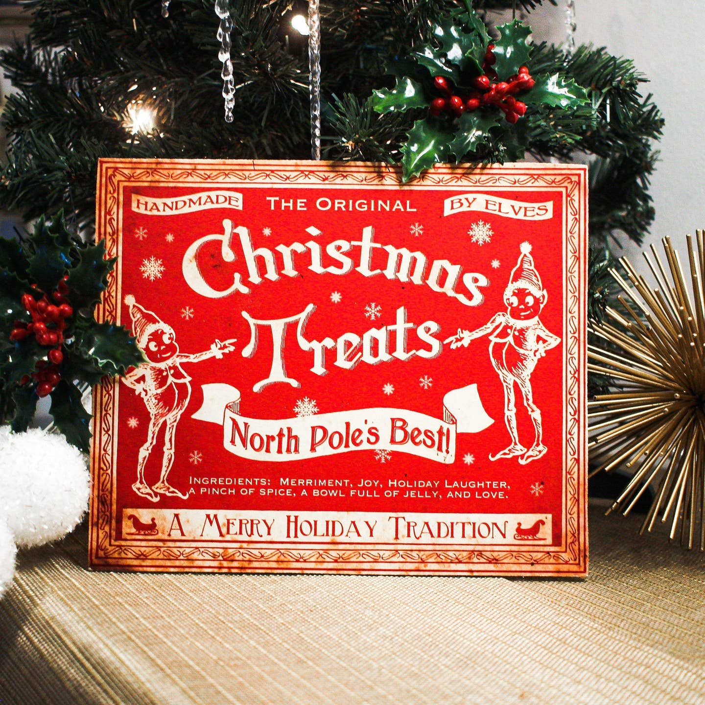 Handcrafted Retro Elves Christmas Treats Wood Cutout 6" - The Primitive Pineapple Collection