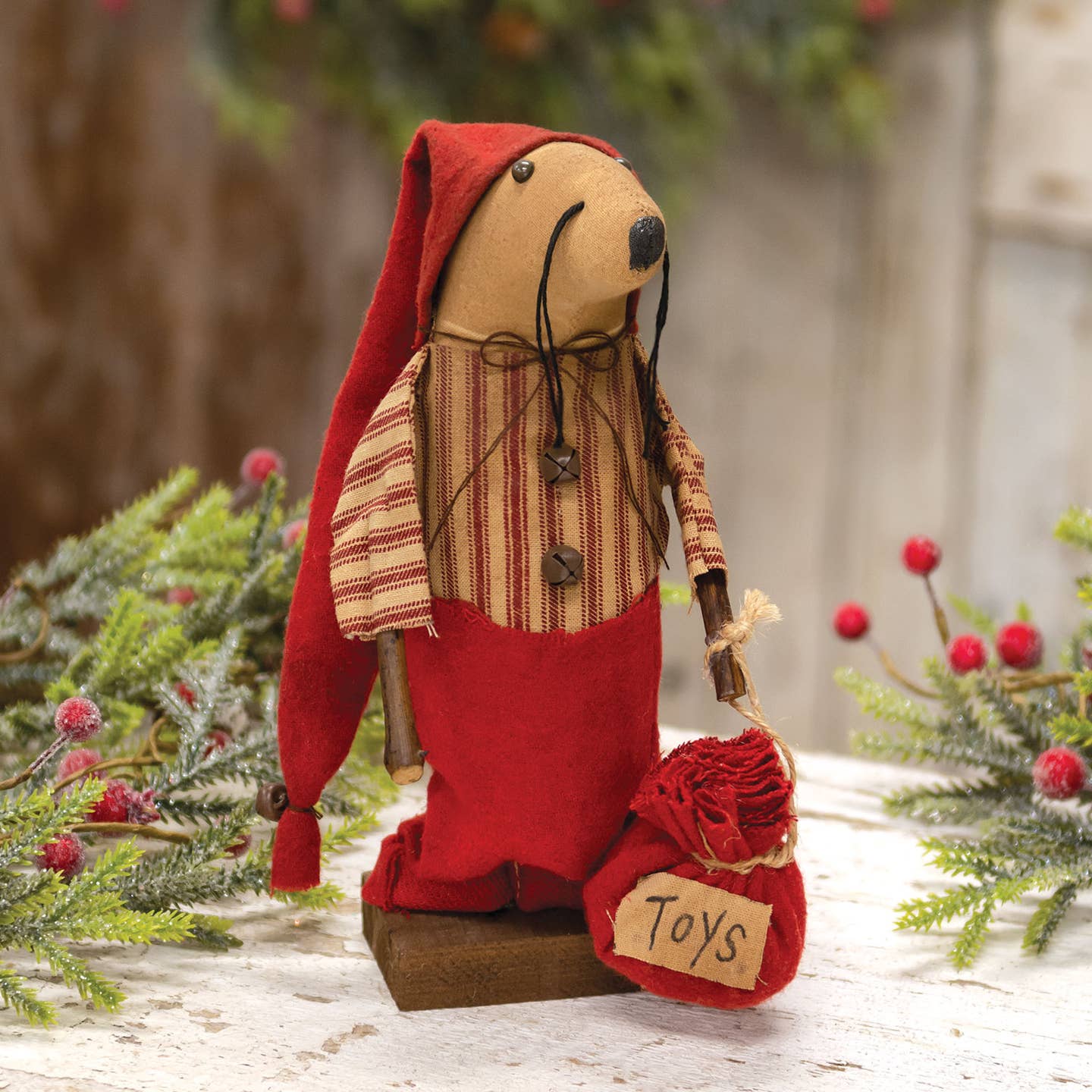Primitive Fabric Christmas Mr. Claus Mouse w/ Toy Sack On Base 8.5" - The Primitive Pineapple Collection