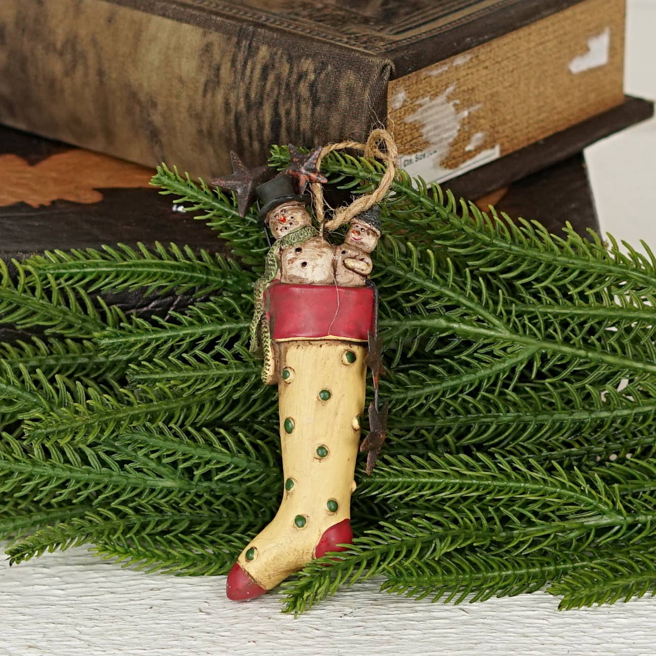 Primitive Christmas Old World Stocking w/ Snowmen Ornament 4.5" - The Primitive Pineapple Collection