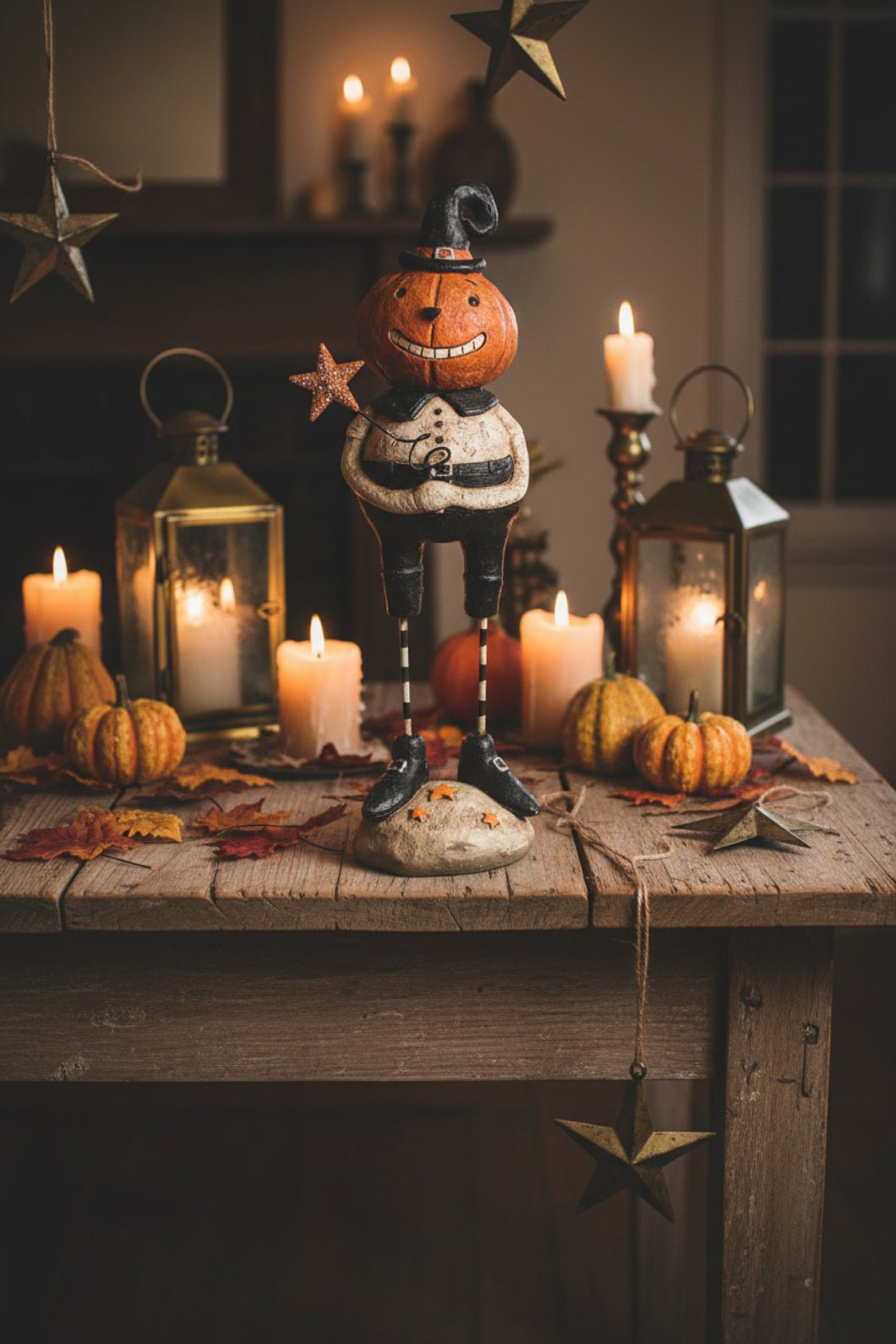 Folk Art Halloween 7.5 Inch Resin Standing Pumpkin Man w/ Star Figurine - The Primitive Pineapple Collection