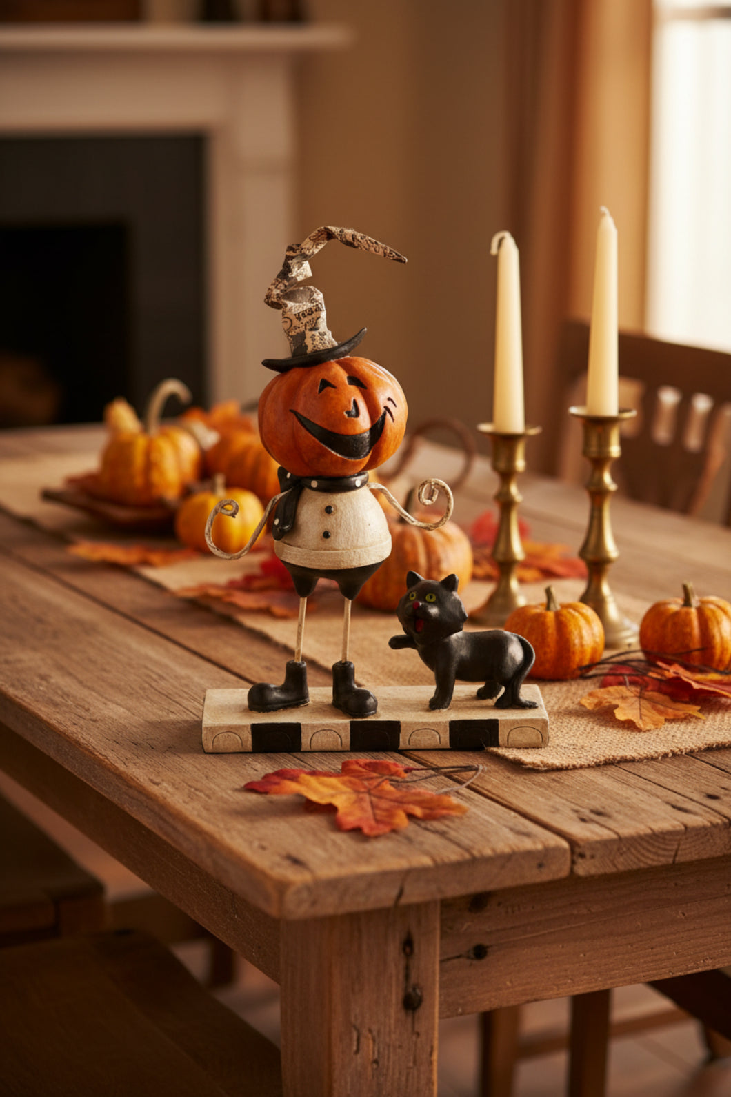 Folk Art Halloween 7.5 Inch Resin Pumpkin Man w/Black Cat